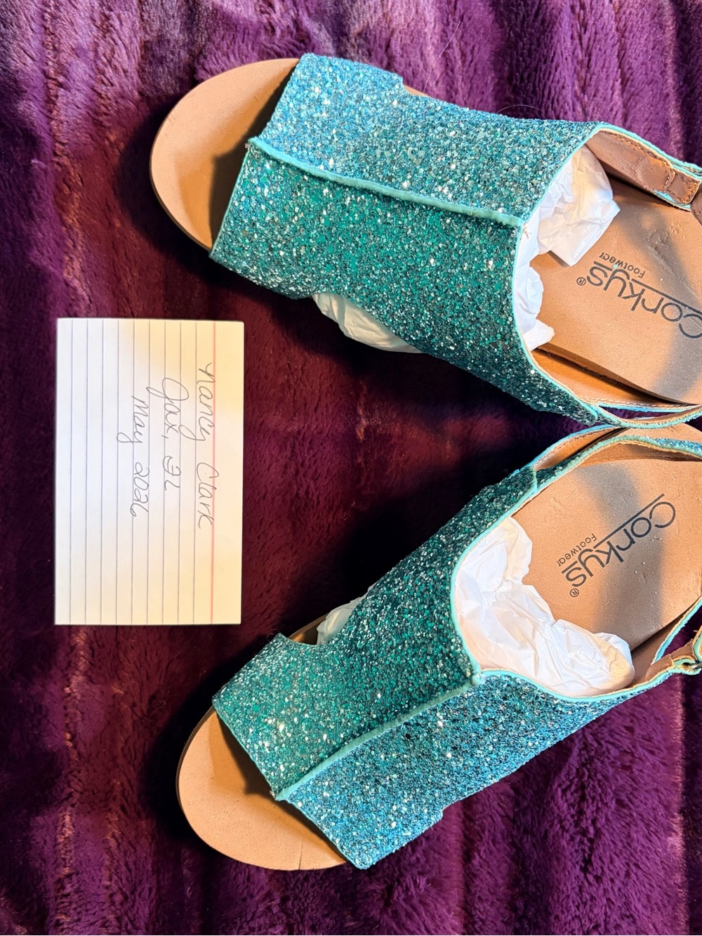 Corkys Teal Glitter Peep-Toe Mules